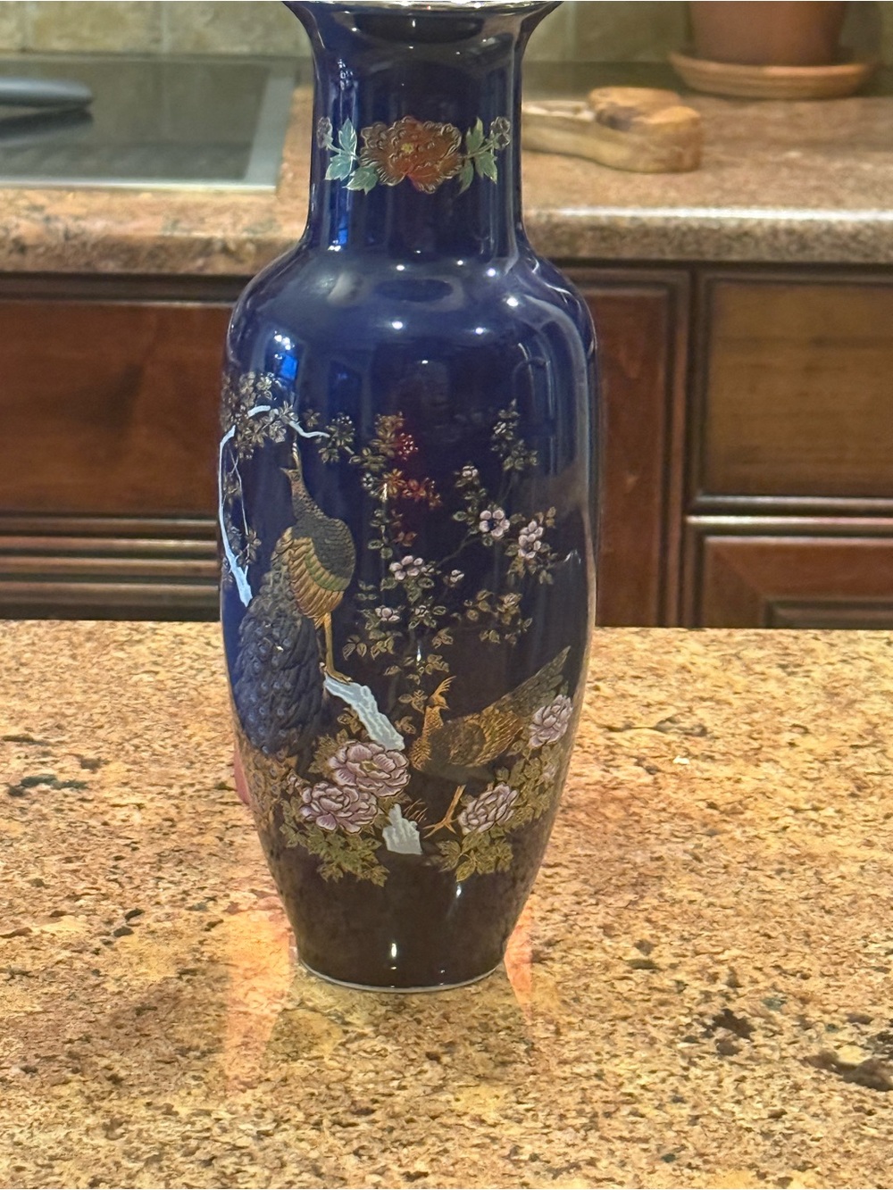 Japanese Cobalt Blue Vase, Peacock & Peony Motifs, Glazed Pottery